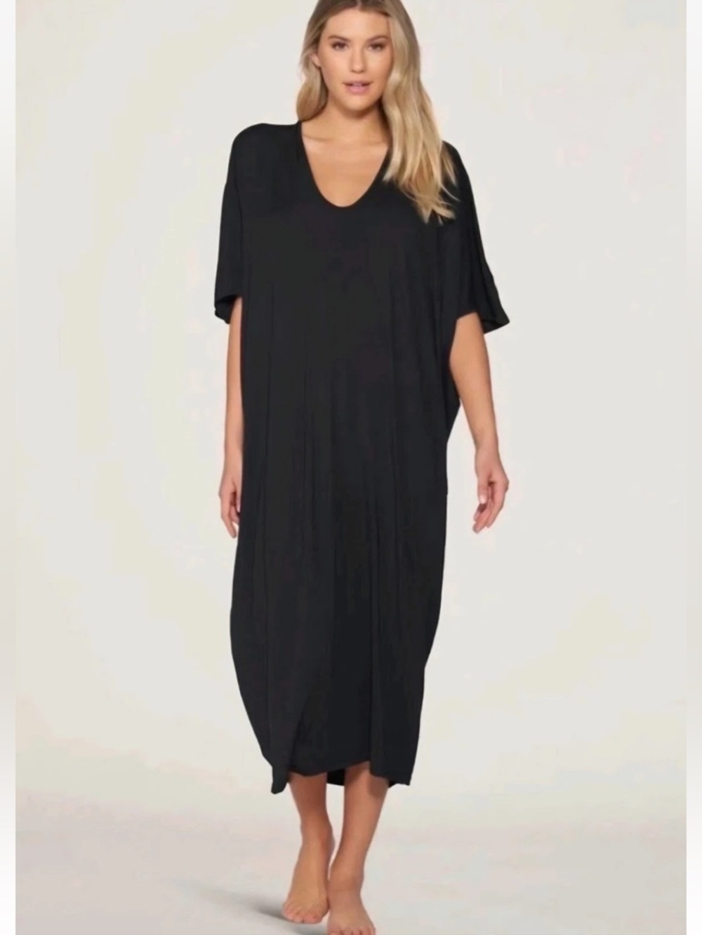 Barefoot Dreams Luxe Milk Jersey Caftan Dress Black Nightgown Oversized One Size - Picture 2 of 13
